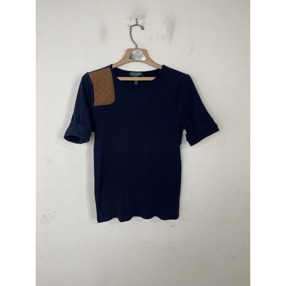 LRL Ralph‎ Lauren Womens Shirt 1X Navy Blue Old Money Ribbed Quilted Patch